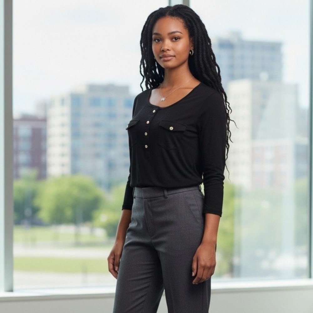 Henley Top Women L Black Gold Button Roll Tab 3/4 Sleeve Corporate Chic Gothcore